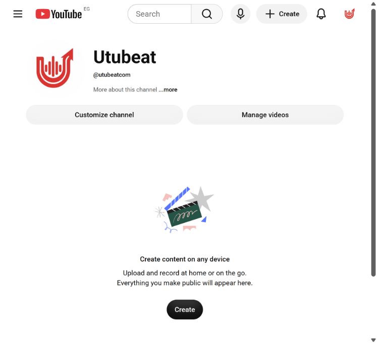 صفحة قناة Utubeat الجديدة بالشعار والمعرّف @utubeatcom وزري التخصيص وإدارة الفيديوهات