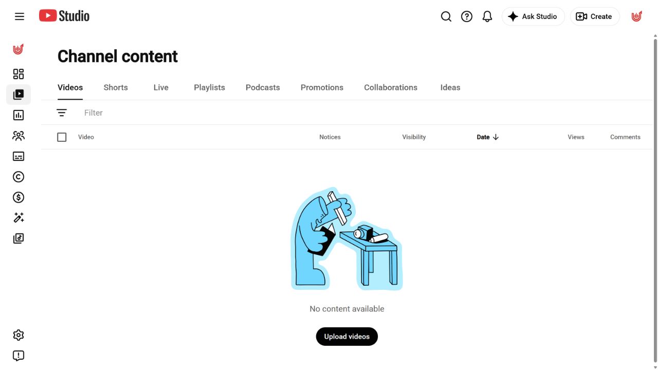 صفحة محتوى قناة Utubeat داخل YouTube Studio تعرض No content available وزر رفع فيديوهات