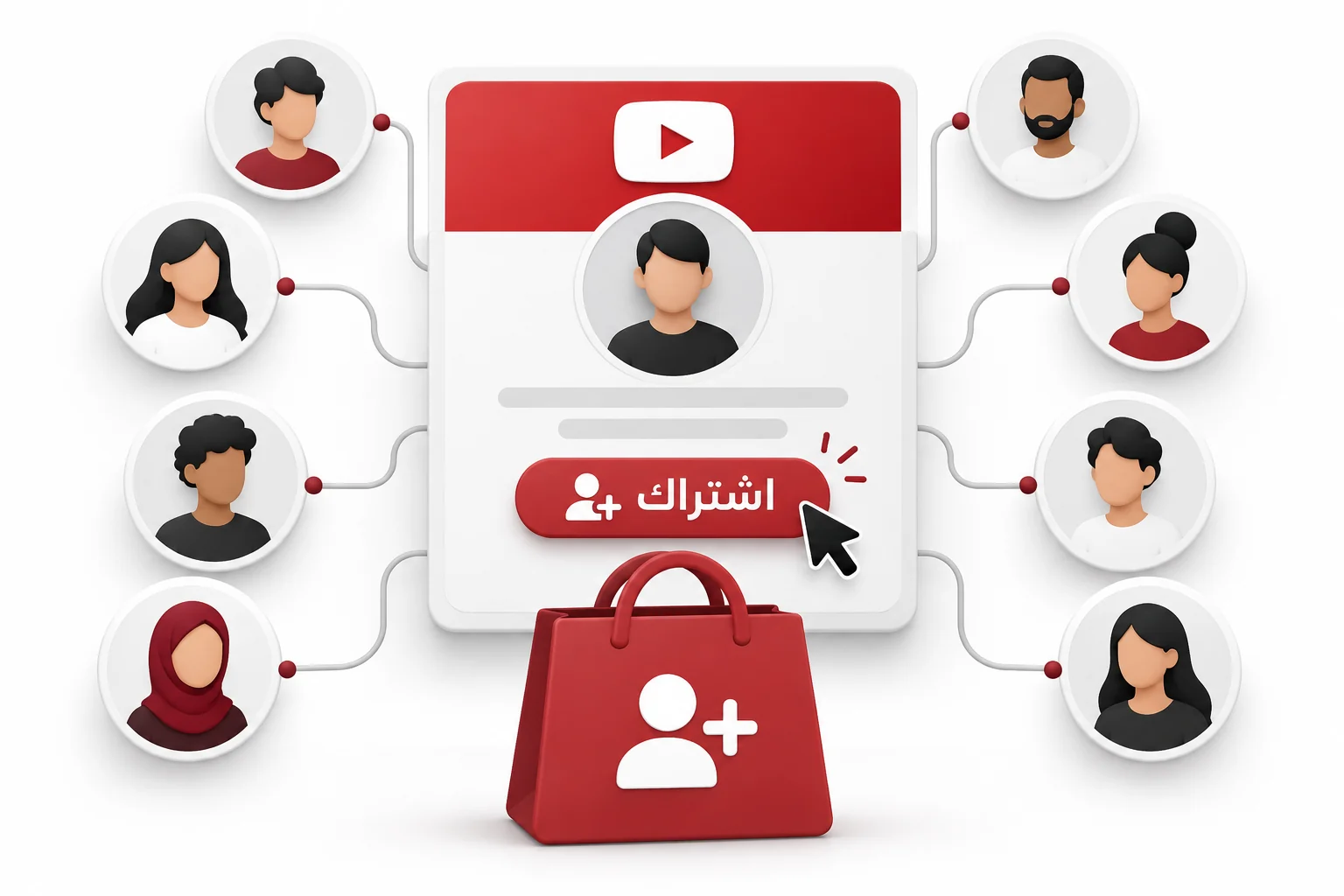 قناة يوتيوب تحيط بها رموز مشتركين مع حقيبة شراء